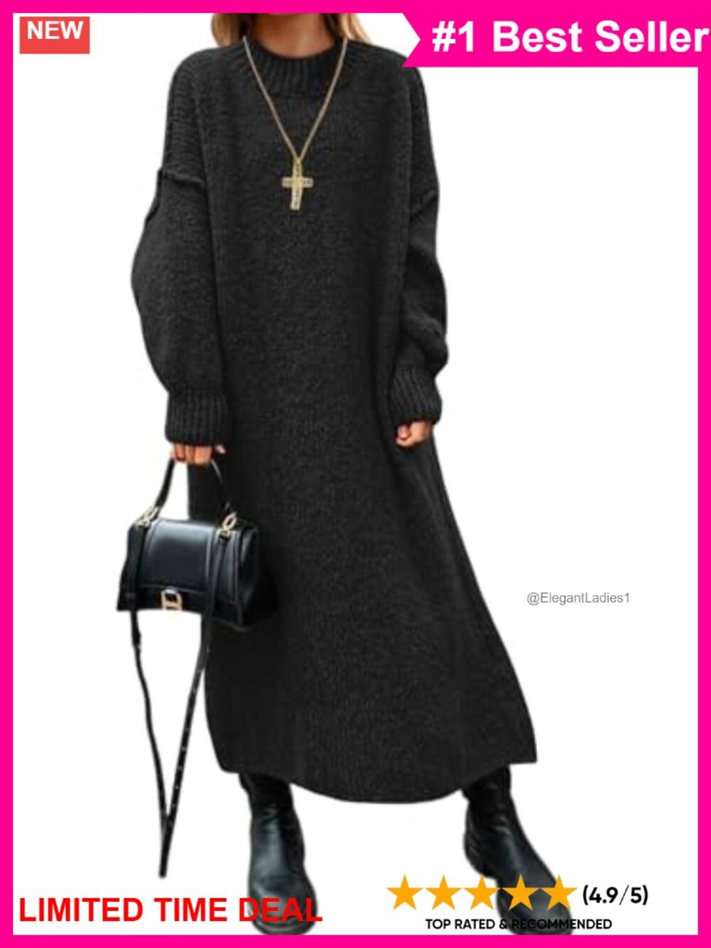 Oversized Chunky Knit Sweater Dress Mock Neck Long Sleeve Maxi Women